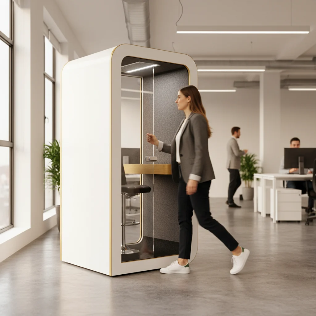 Mujer entrando en una cabina acústica SilentBox con la puerta de cristal abierta
