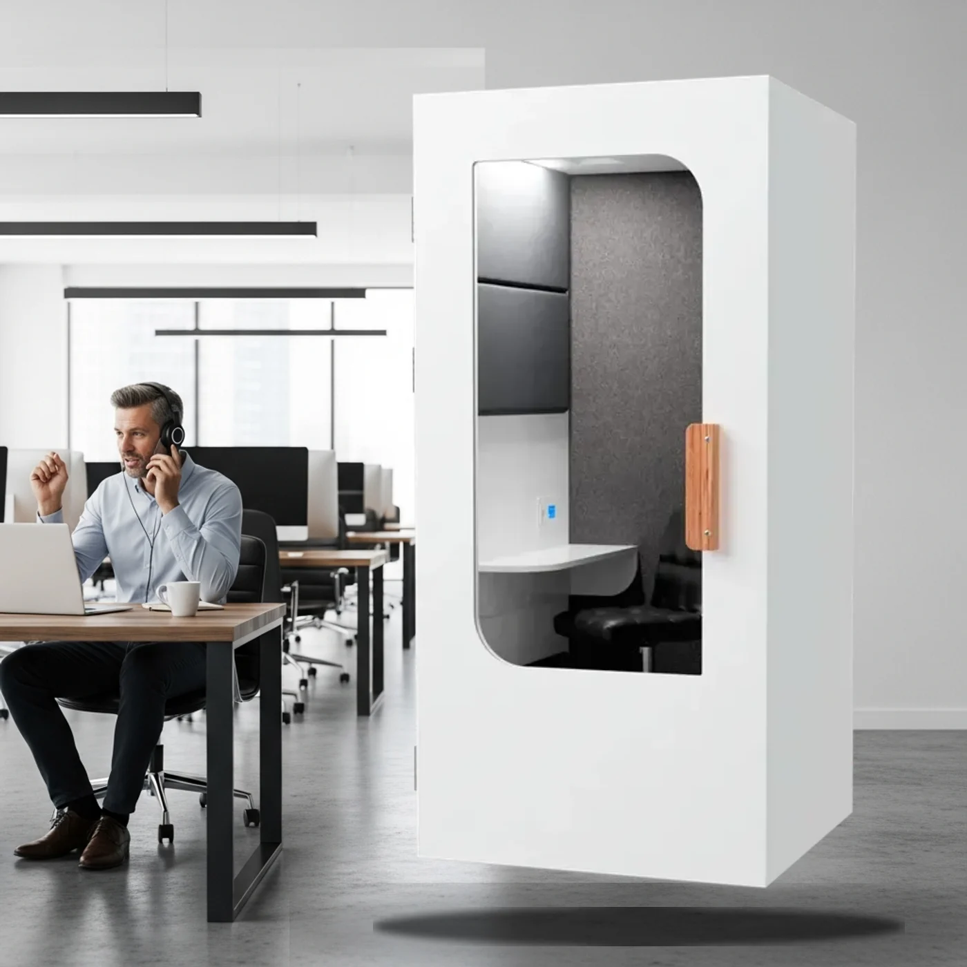 Profesional hablando con gestos dentro de una cabina SilentBox con luz cálida