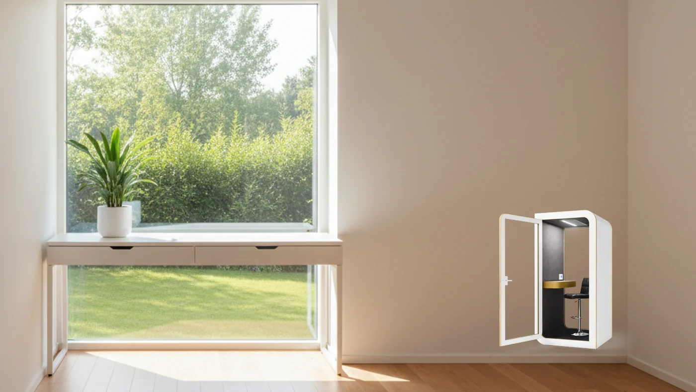 Espacio de trabajo minimalista con cabina acústica SilentBox Solo junto a la ventana