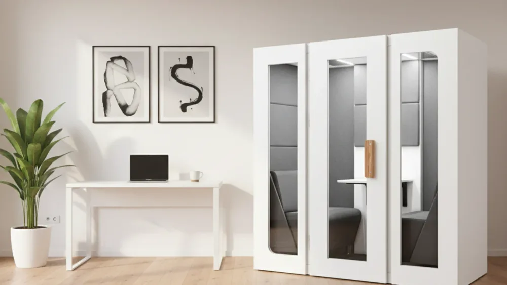 Espacio de trabajo minimalista con cabina acústica SilentBox Solo junto a la ventana