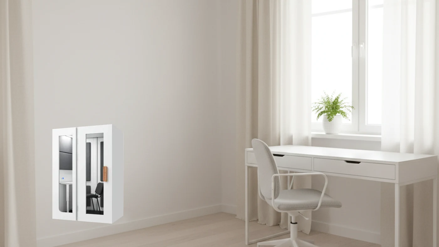Home office minimalista con cabina acústica SilentBox WorkPod