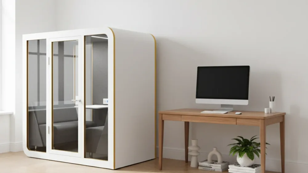 Home office minimalista con cabina acústica SilentBox WorkPod