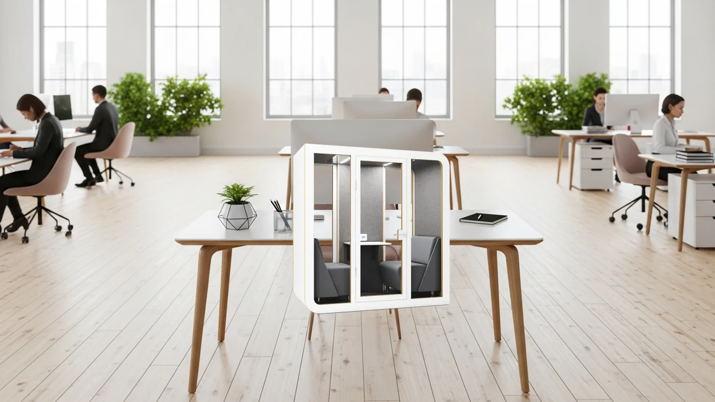 Cabina acústica SilentBox Duet en oficina moderna con luz natural