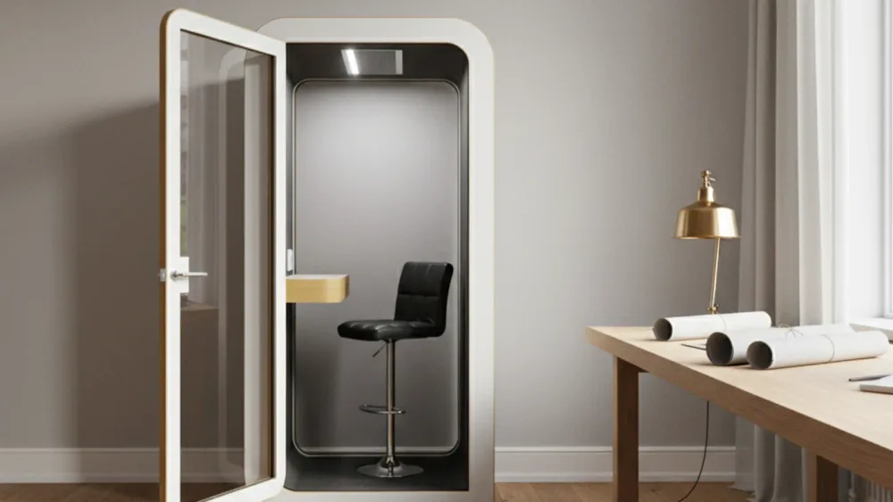 Cabina acústica SilentBox Duet en oficina moderna con luz natural