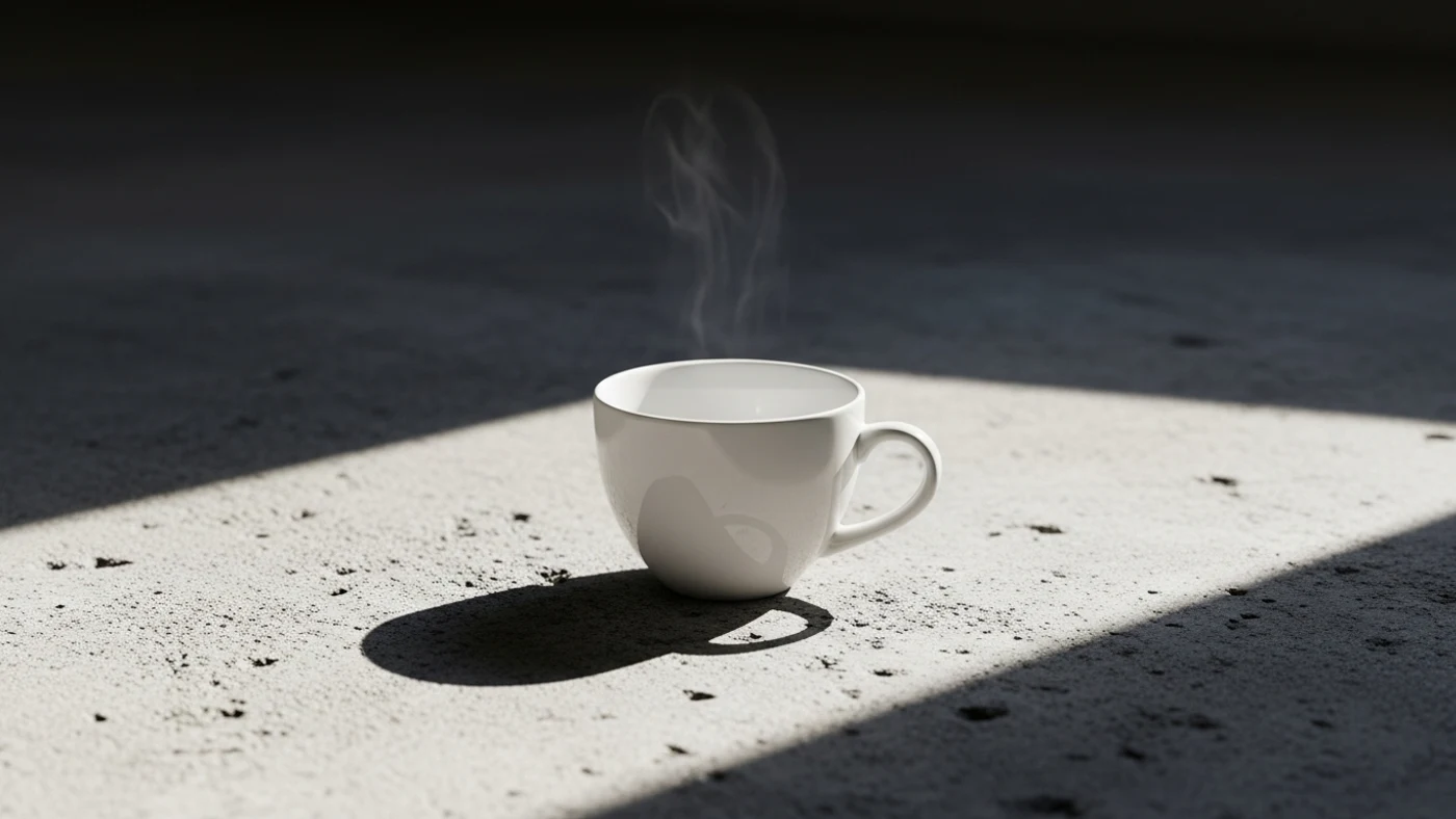 Taza de café sobre superficie de hormigón con sombra geométrica