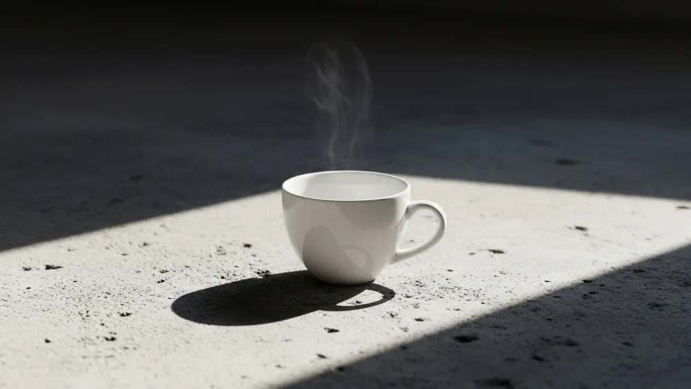 Taza de café sobre superficie de hormigón con sombra geométrica