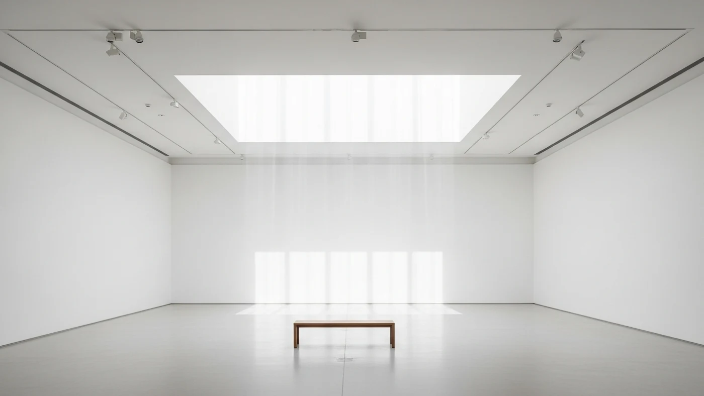 Galería vacía con banco y claraboya