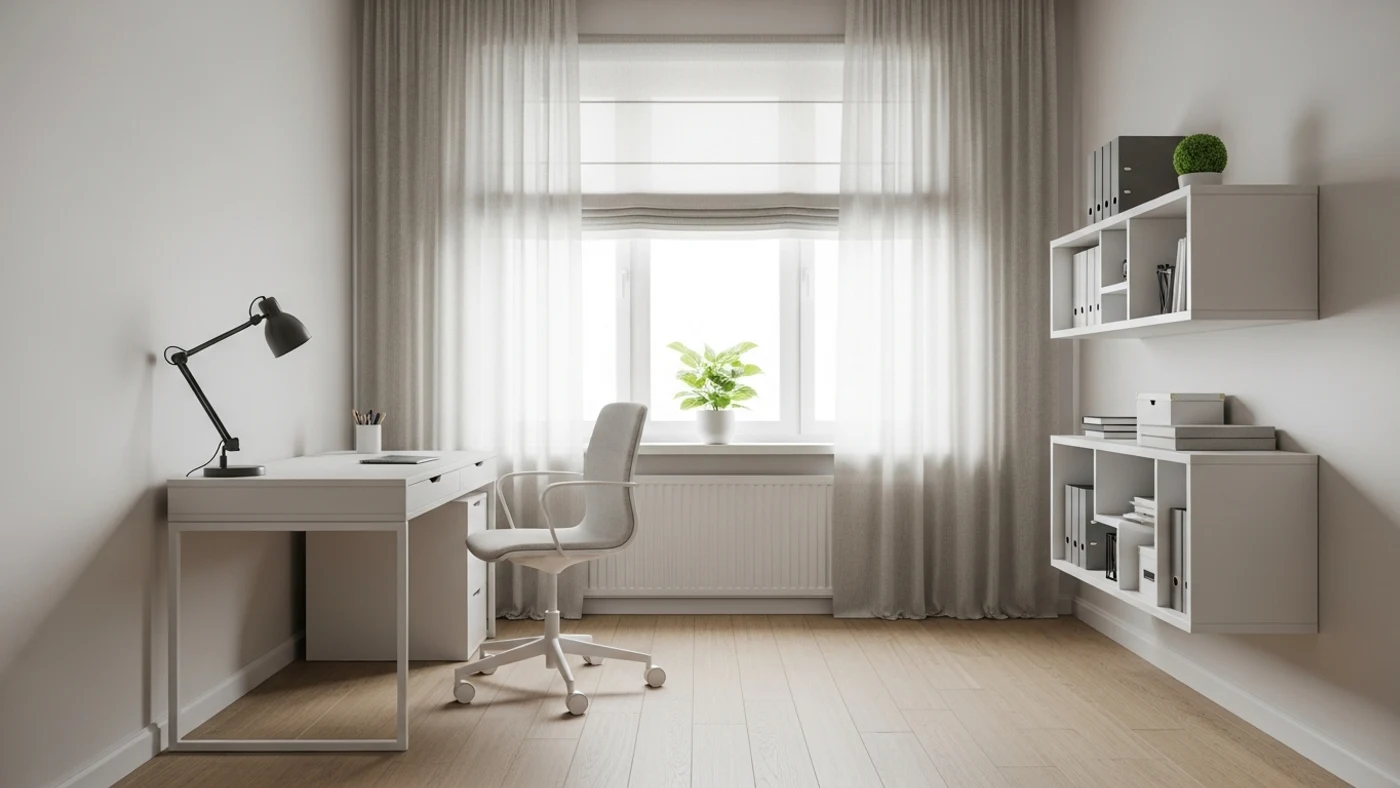 Home office vacío con cortina de lino
