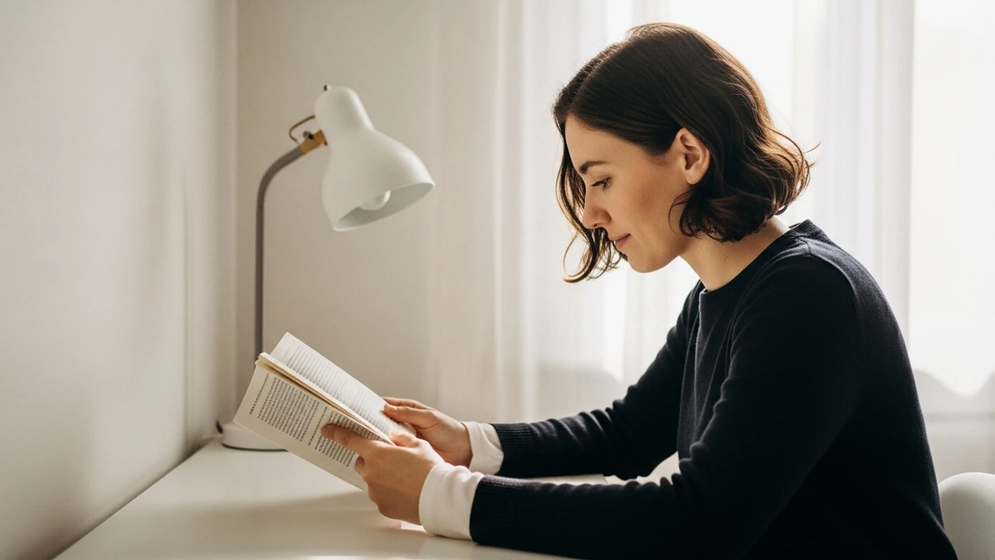 Persona leyendo en un escritorio minimalista con luz de ventana