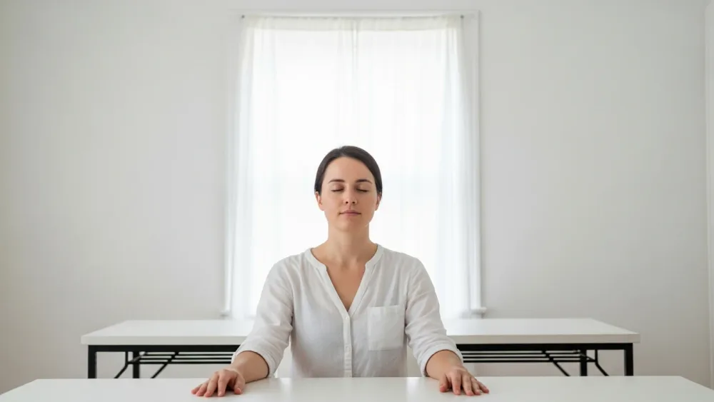 Persona pensando con los ojos cerrados en un espacio luminoso