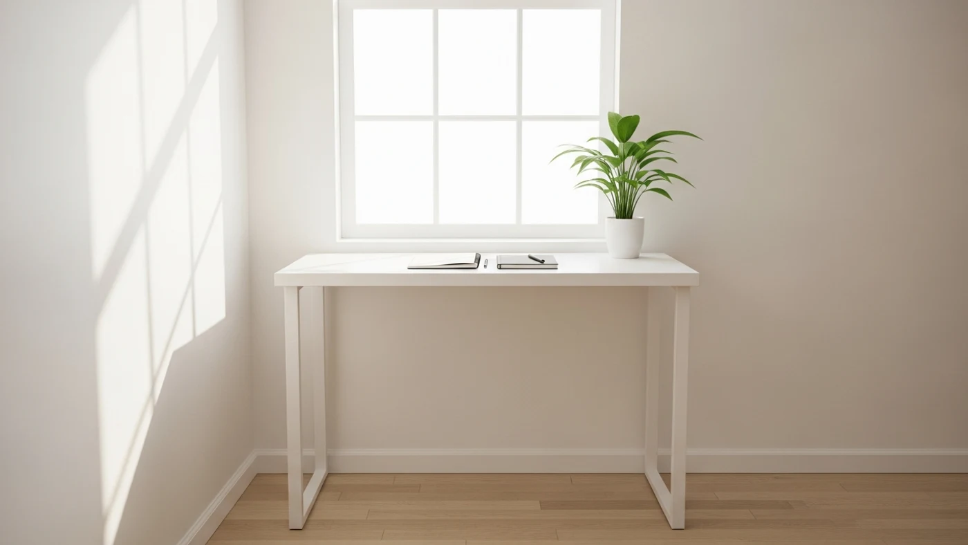 Escritorio minimalista con planta y luz natural